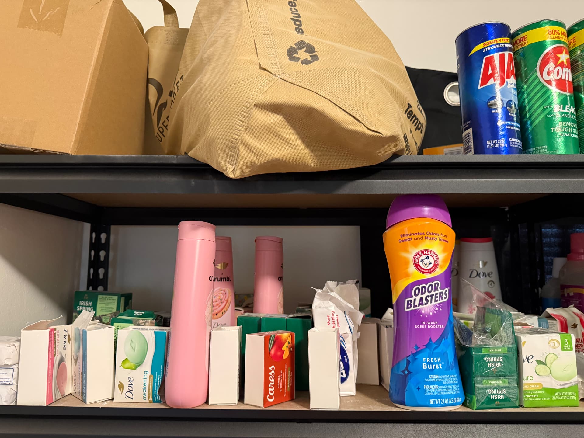Soap bars and odor blaster scent boosters on the shelf